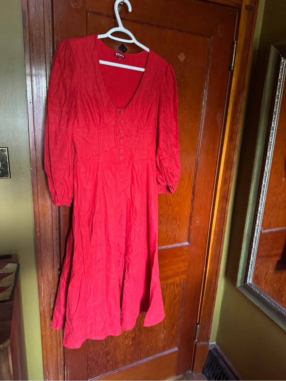 STAUD Red Button-Front Midi Dress